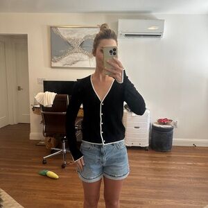 SMALL Black Cardigan with White Trim and Pearl Detail